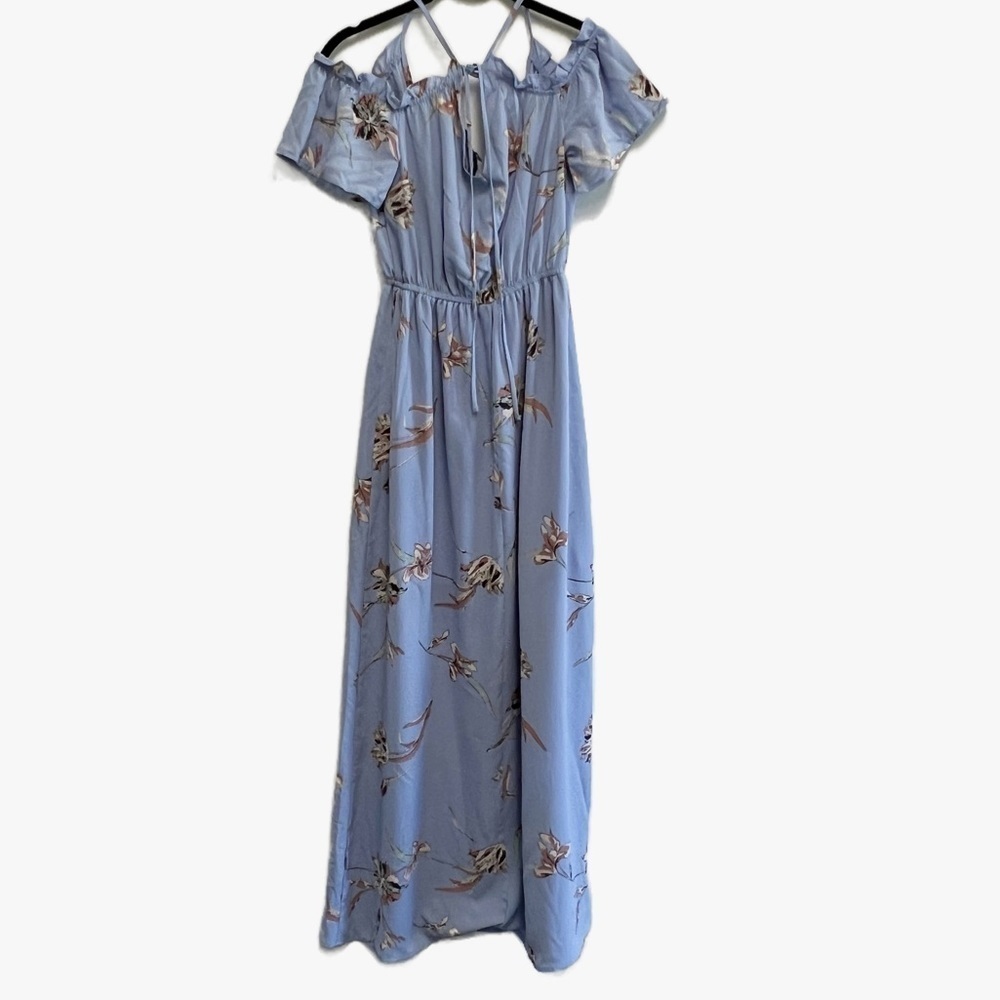 ONE CLOTHING Floral Open Shoulder Maxi Dress Women’s S Cornflower Blue Tie Back - Picture 6 of 9